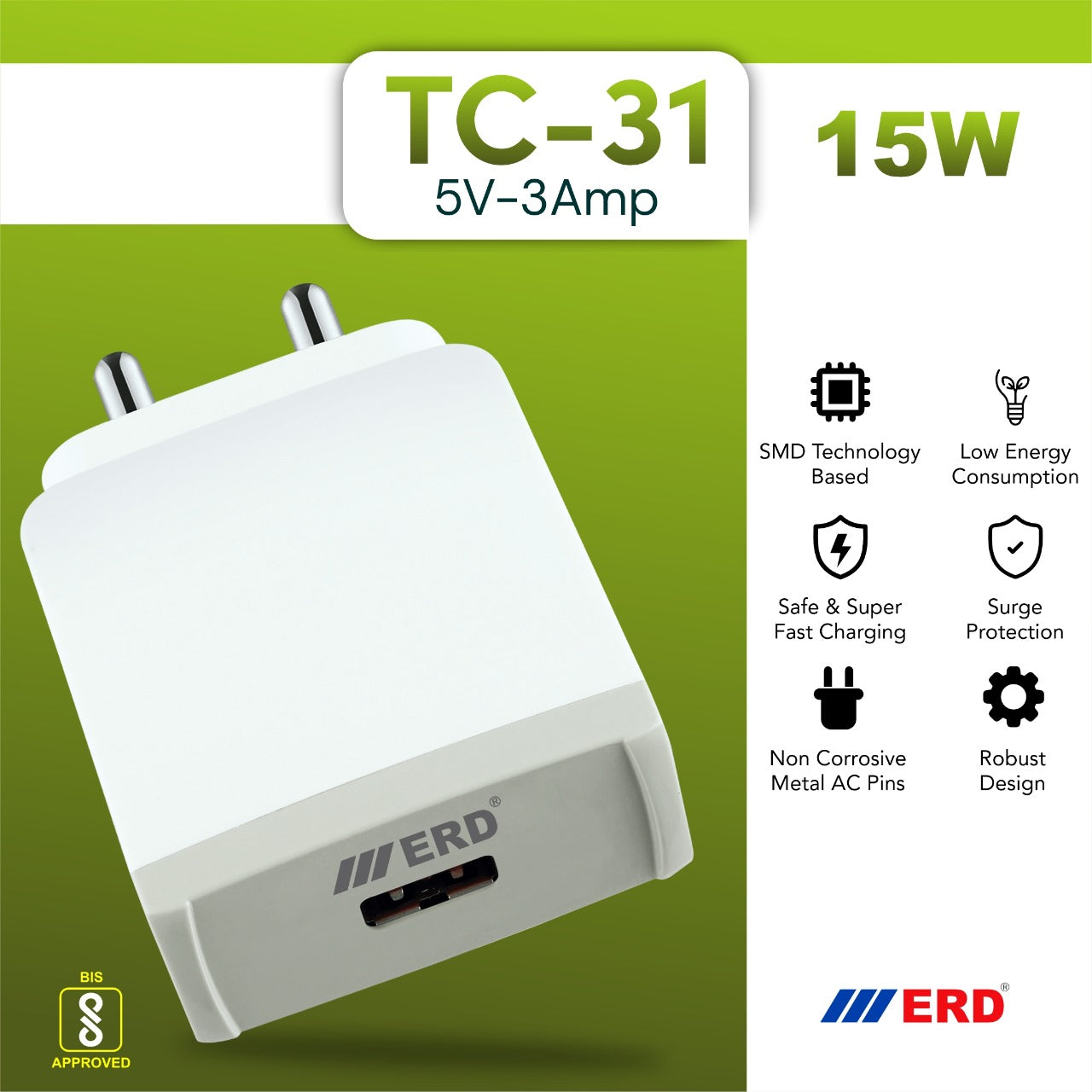 ERD TC-204/TC -31 3A/15W Charger With V8 cable