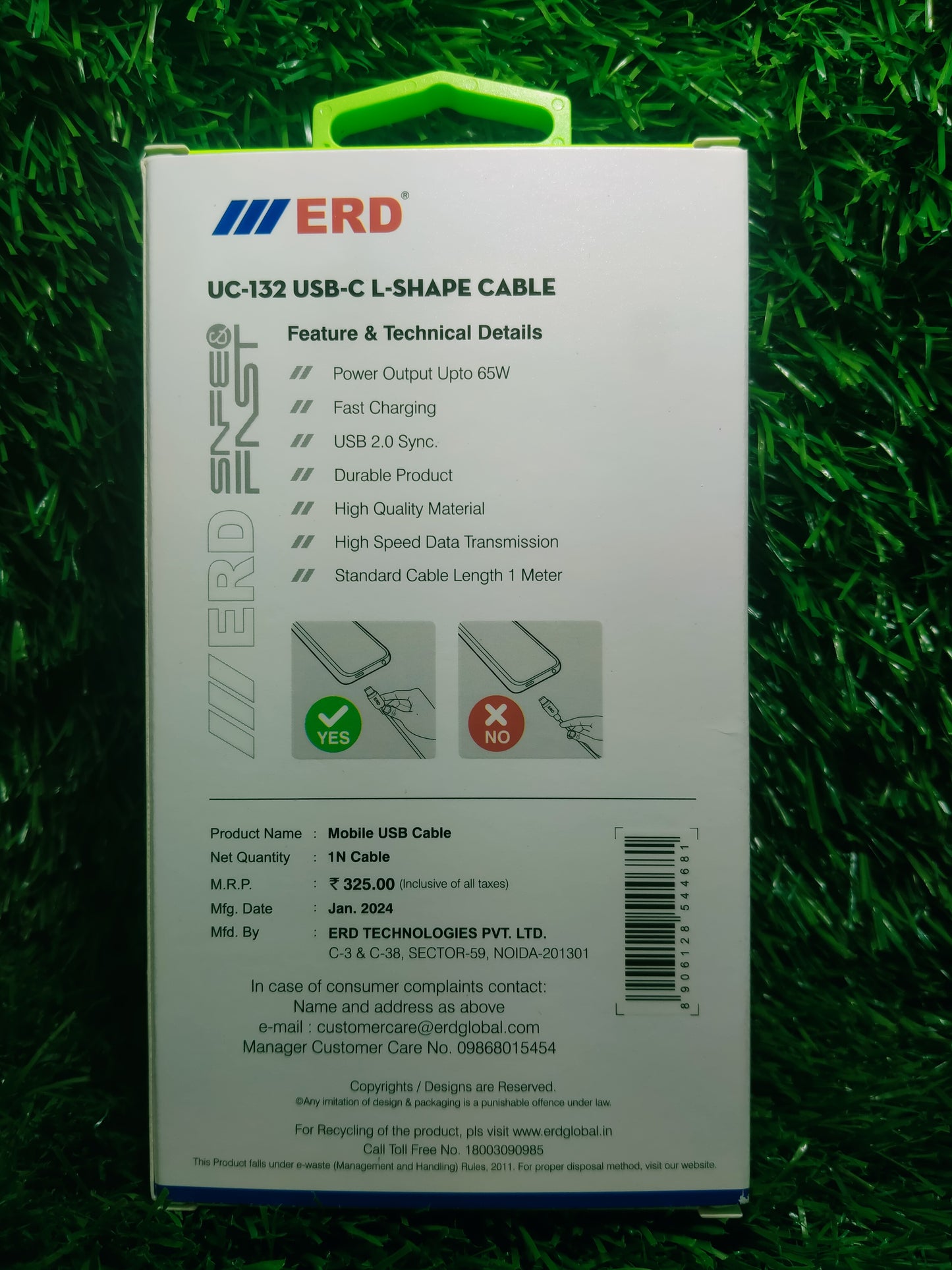 ERD UC-132 L SHAPE TYPE USB-C CABLE 65W high speed