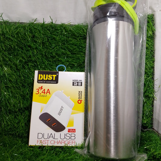 DUST CH-18/ 3.4A/18 Watt Doul USB Charger V8, 1 thermos bottle free on 10 piece purchase