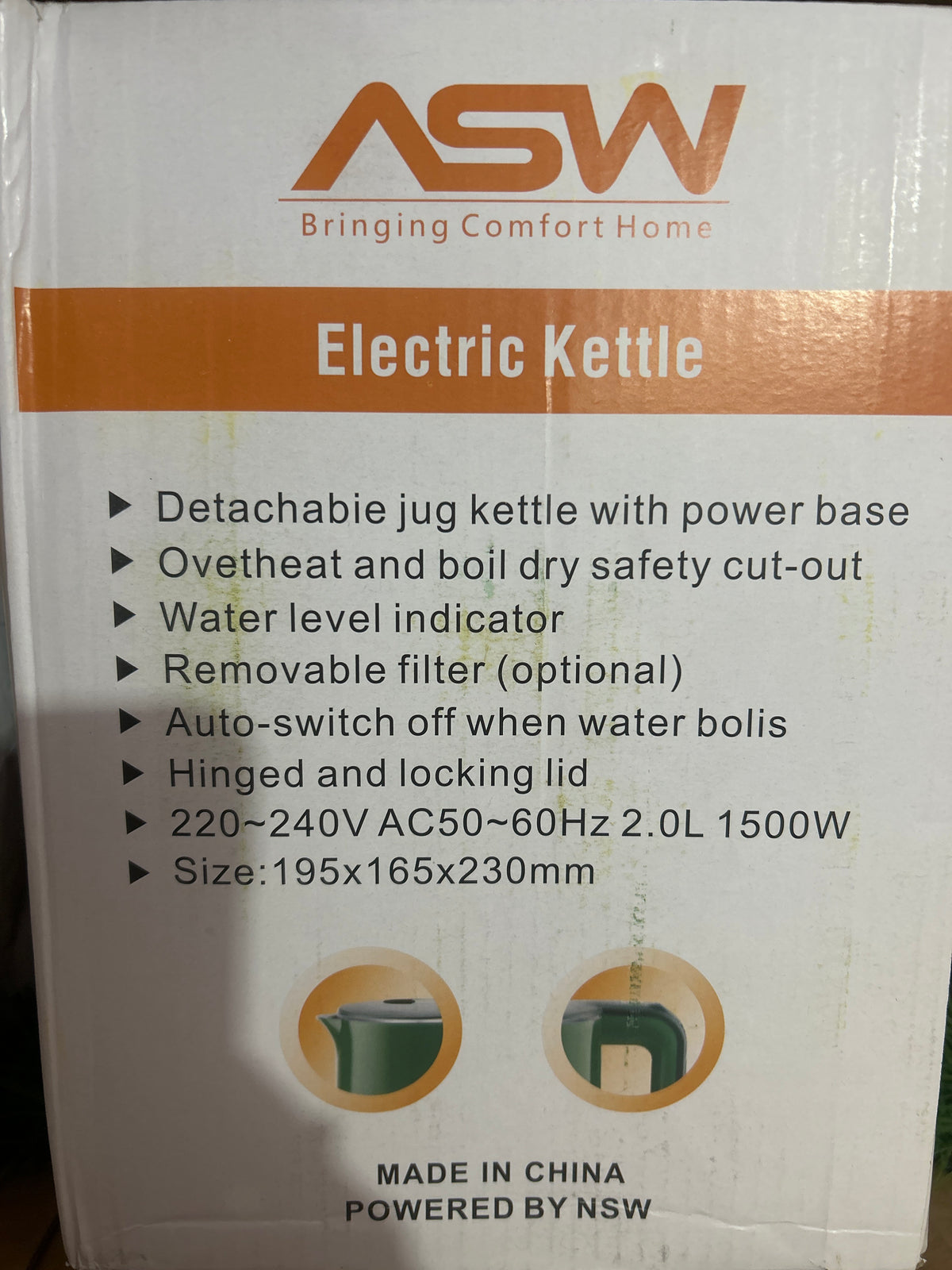 ASW-E029 Electric Kettle 1500W 2.0L Cordless, Stainless Steel Kettle