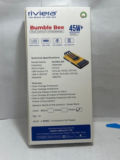 Riviera 45W Bumble Bee 15000Mah Power Bank