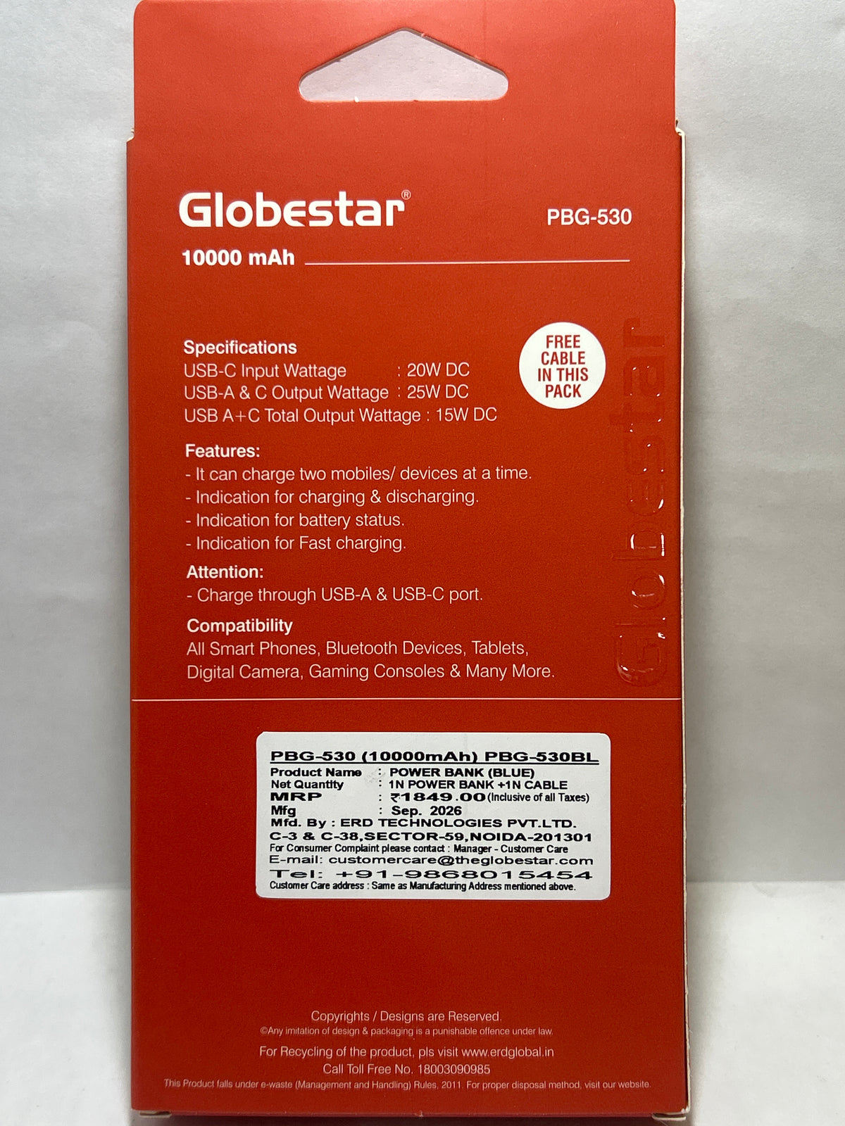 GlobStar PBG-530 POWER BANK 10000 MAH ORANGE/ Blue 25W