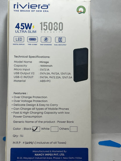 Riviera Mirage 45W 15000Mah Power Bank