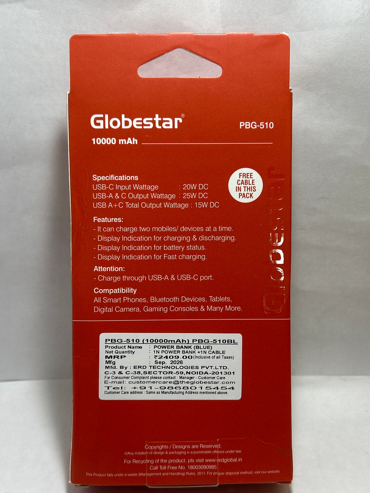 GlobStar PBG-510 POWER BANK 10000 MAH ORANGE/ Blue 25W
