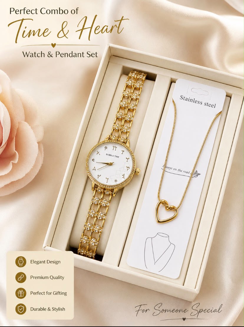 Luxury Gold And Silver Chain Watch with Pendant Set for Women