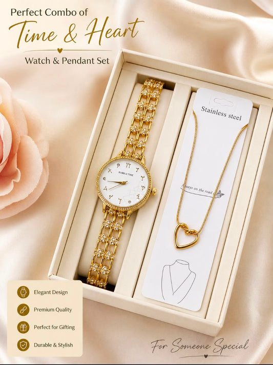 Luxury Gold And Silver Chain Watch with Pendant Set for Women