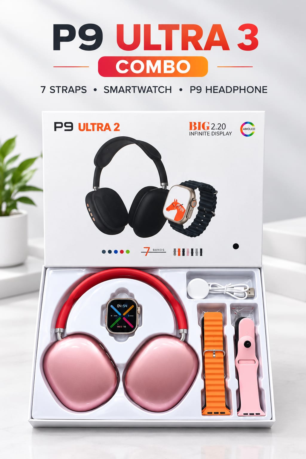 P9 Ultra 3 Smartwatch Combo (7 Straps & P9 Headphones)